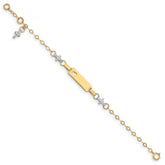 14k Two-tone Polished Textured Cross and Cut-out Heart 18x5mm Plate 4.5 inch Baby/Child ID Bracelet with 1 inch Extender